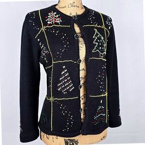 Designers Originals Studio Joy Christmas Tree Beaded Cardigan Sweater Black PM